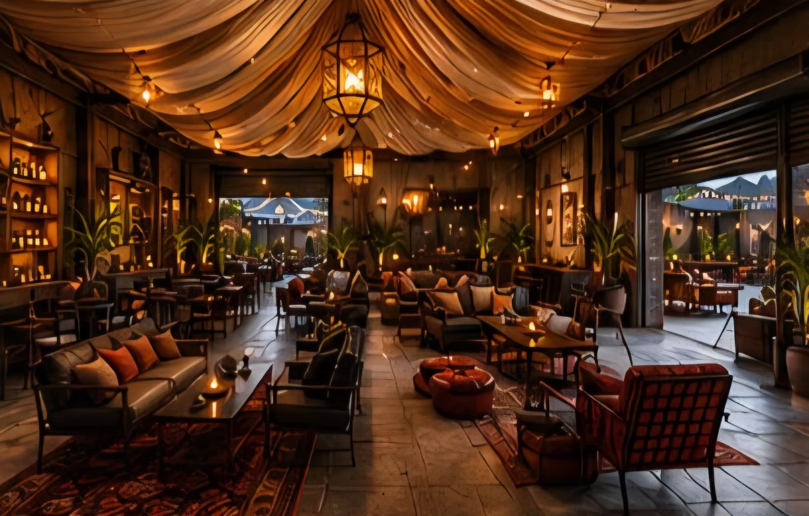 Wide design rendering of the Social House interior: a ceiling draped in fabric, lantern light, low seating, shelves of members' bottles along one wall, and roll-up doors opening onto a patio.