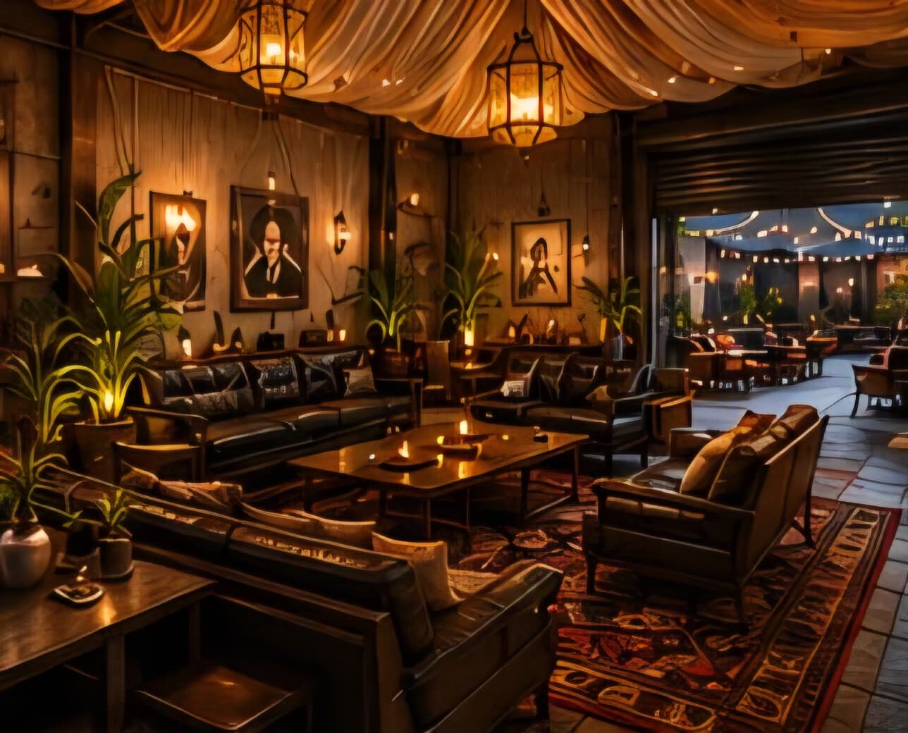 Design rendering of the lounge: low seating, framed portraits, plants, and a roll-up door opening onto the patio.